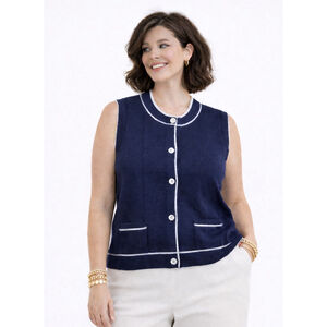 Women’s Plus Size Sleeveless Sweater Vest–Navy Blue w/ White Trim–Size 2XL-NWOT